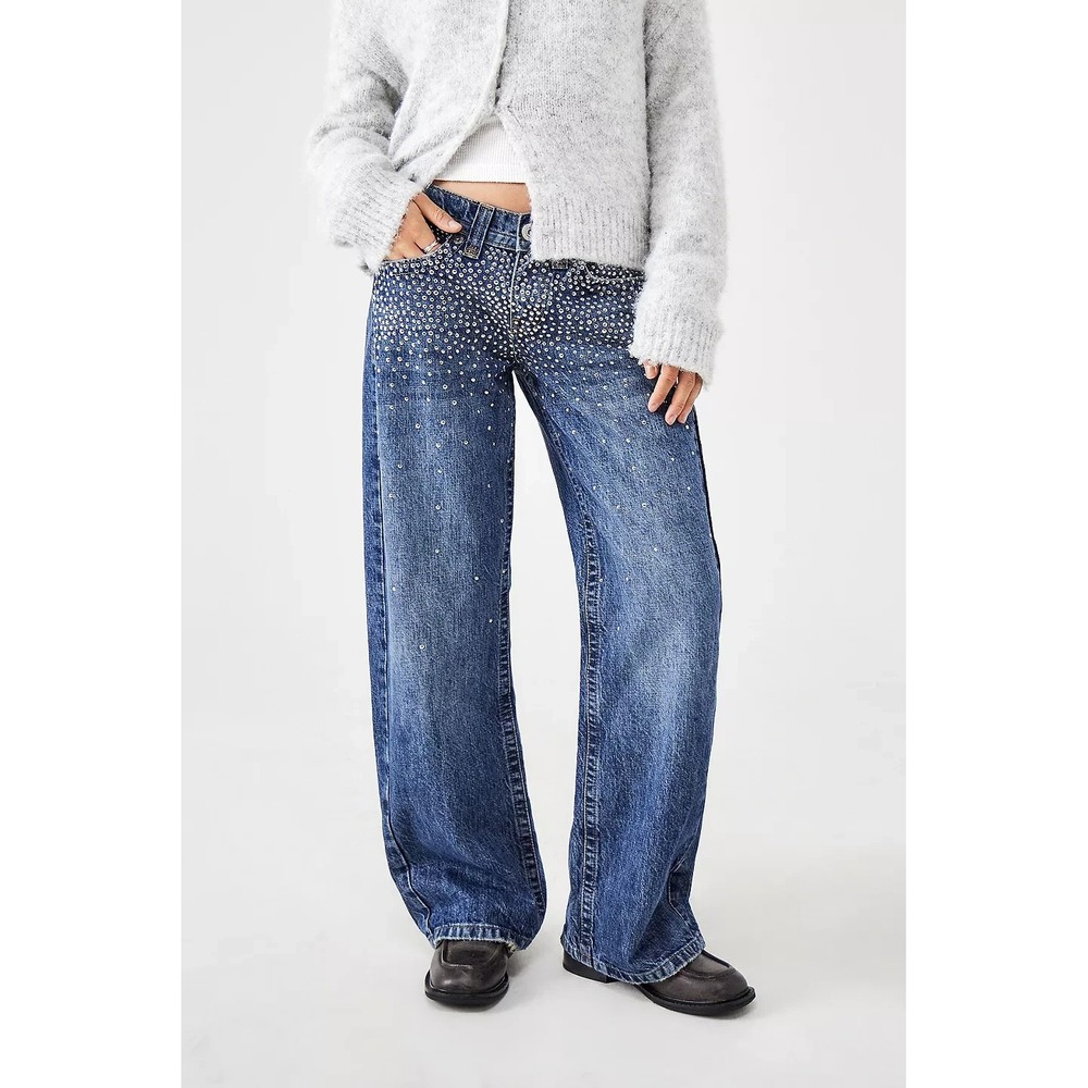 BDG Kayla Lowrider Studded Jeans Blue Denim Low Rise Straight Leg Womens Size 25